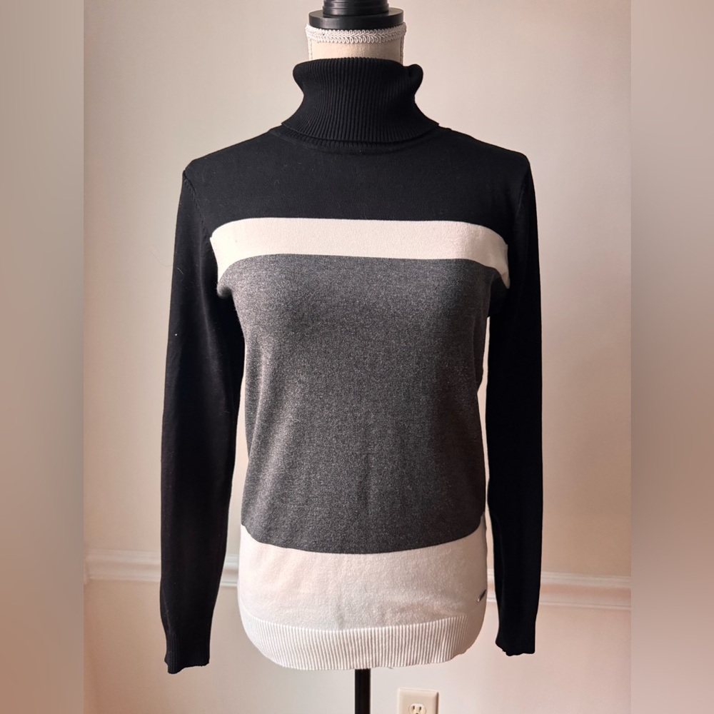 VTG Calvin Klein Black Cream Gray Color block Turtleneck Knit Sweater Small